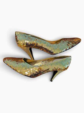 New Vintage Gold Sequin Pump Shoes Private Collection II Size 8.5